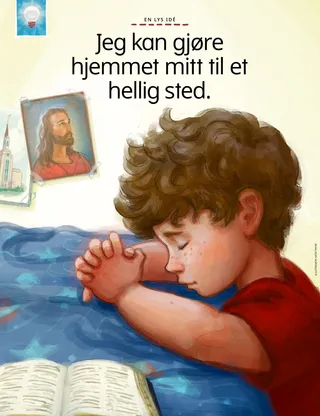 boy praying at bed with picture of Jesus on wall