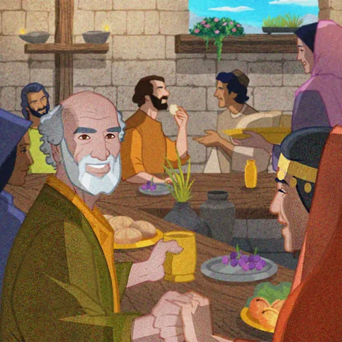 Job eating with his family