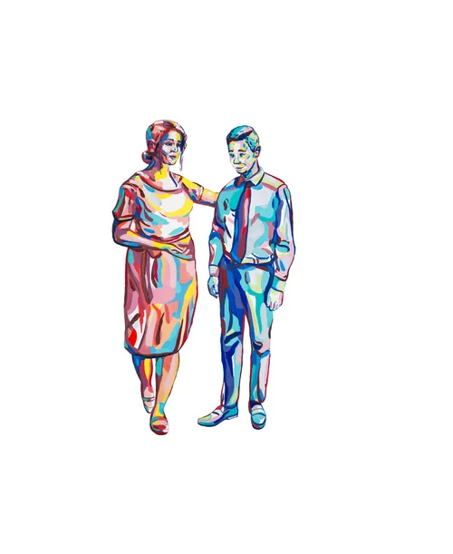 woman reaching out to young man