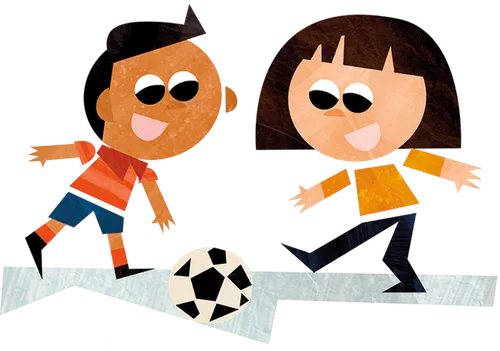 boy and girl playing soccer together