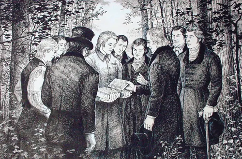 Pen and ink illustration of the Eight Witnesses viewing the plates