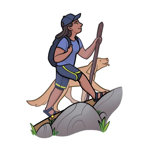 young woman hiking uphill with dog