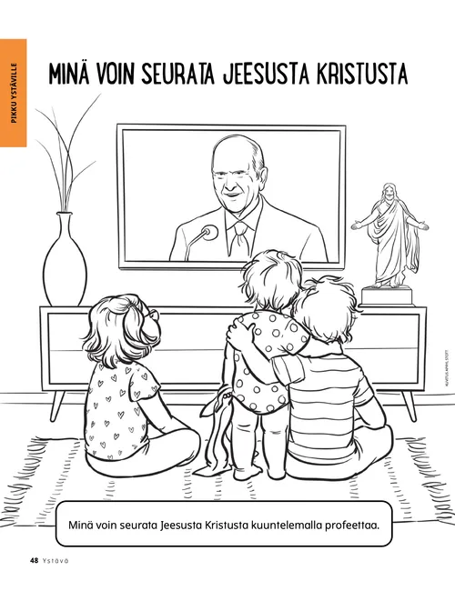Värityskuvan PDF, jossa lapset katsovat yleiskonferenssia televisiosta