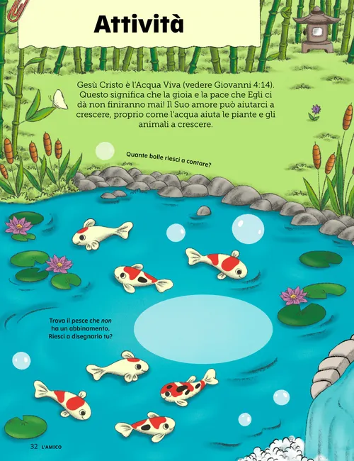 PDF della pagina con illustrazioni di attività raffiguranti pesci in uno stagno, una rana, rigagnoli e ninfee