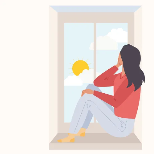 an illustration of a woman sitting by a window and looking at the sunny sky