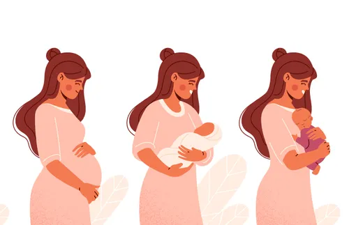 an illustration showing a woman in different stages of motherhood