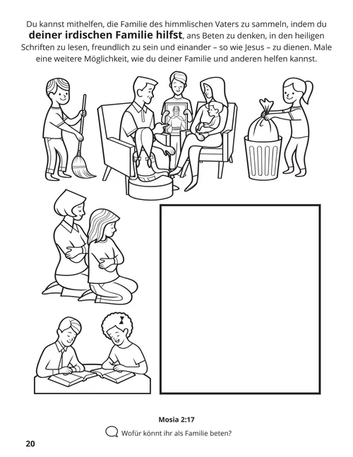 PDF/Ausmalbild: Familienangehörige beten, lesen in den heiligen Schriften und helfen