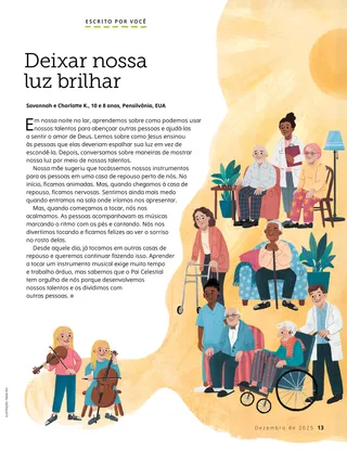 Página em PDF de duas irmãs tocando violino e violoncelo para pessoas em uma casa de repouso