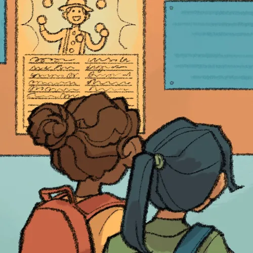 young women looking at a bulletin board