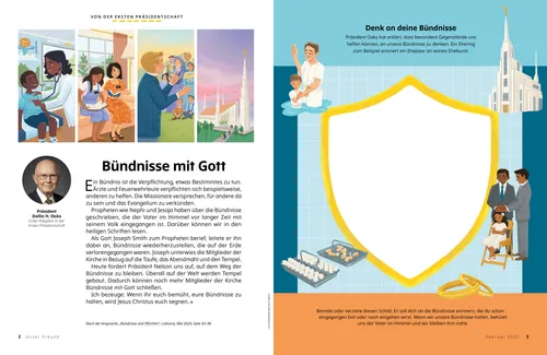 PDF: Ein Kind mit einer Ärztin; Missionarinnen; Joseph Smith unterweist eine Gruppe Menschen; ein Tempel; Aktivität, bei der ein Schild bemalt werden kann