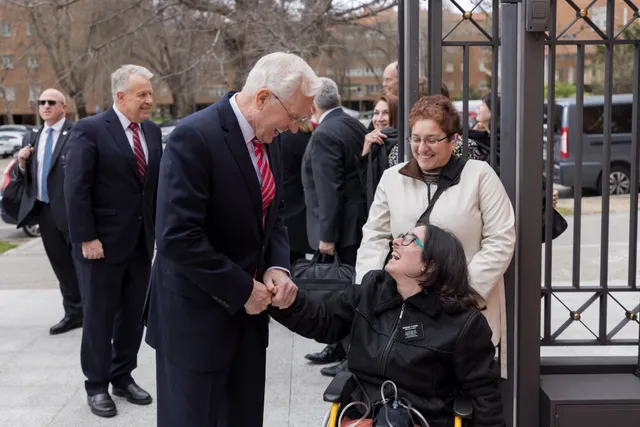 Elder D. Todd Christofferson, of the Quorum of the Twelve Apostles of The Church of Jesus Christ of Latter-day Saints welcomes a missionary at a special conference in Madrid, Spain on Saturday, February 24, 2024.