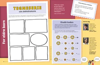 PDF-side med en aktivitet for å lage en slektshistorisk tegneserie, og en kodeaktivitet om tiende