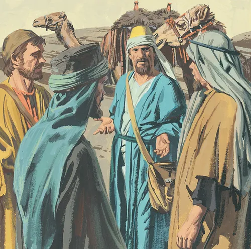 man talking to three servants