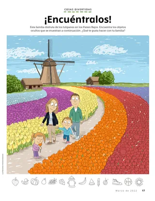 hidden picture of family walking through tulip field