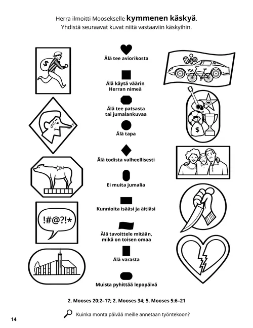 Värityssivun PDF yhdistämistehtävästä, joka koskee kymmentä käskyä