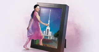 girl walking into framed picture of temple