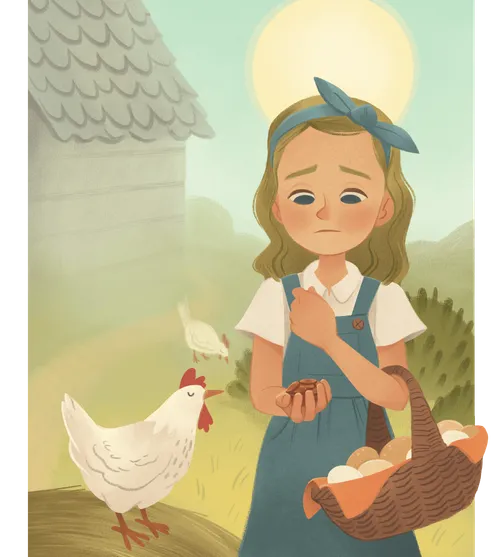 Girl holding basket of eggs and looking sadly down at a handful of pennies in her hand
