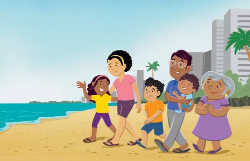 Margo and Paolo’s family walking on a beach with Grandma