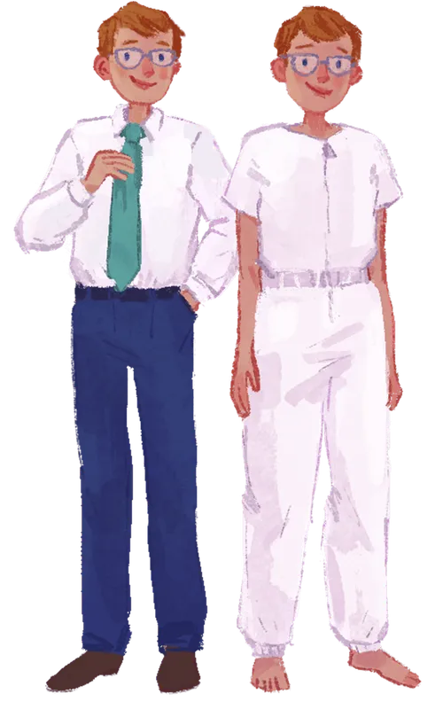 A boy in a suit and tie next to a boy in a white jumpsuit