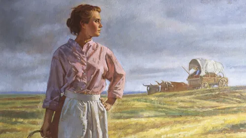 painting of pioneer woman looking across field