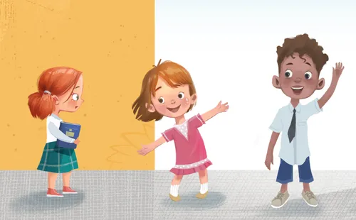 A girl named Trina stands in a space that is a textured yellow panel and a textured floor. This represents that she feels like she is small. Her friend, Josie, invites her to join the other kids in the primary class.