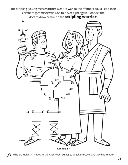 A connect the dot activity of a stripling warrior with his mother and father.