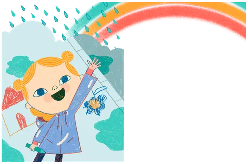 girl looking up at a rainbow