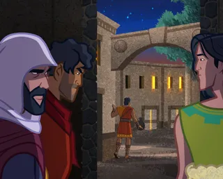 Nephi approaching building and brothers watching