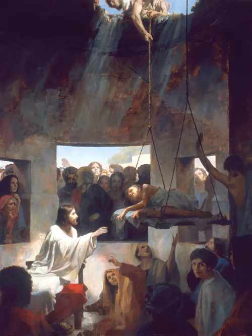 Jesus with sick man on bed lowered through roof