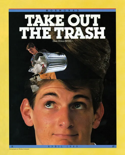 A conceptual photograph of a young man whose head has opened to clear out a bin of trash, paired with the words “Take Out the Trash.”