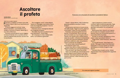 PDF della pagina raffigurante un ragazzo che guarda fuori dalla finestria mentre passa un camion con frutta e verdura e l’autista usa un altoparlante