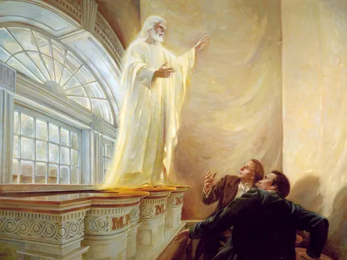 Painting depicts Jesus Christ appearing to Joseph Smith and oliver Cowdery in Kirtland shortly after its dedication.