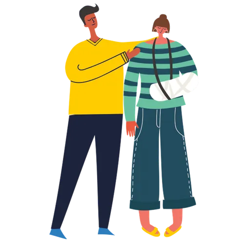 man comforting woman with broken arm