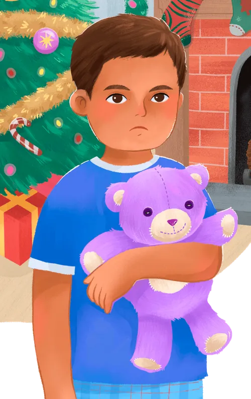 Panel 1 1 SPOT: Boy, Liam (Age 11) gets a hand-made teddy bear for his gift on Christmas morning. He’s not too happy about it. In the background we can see stockings hung by a fireplace and maybe a little bit of a tree poking in on the side.  2 SPOT: 2 of his younger sisters opening-up presents with their own home-made stuffed animals, not teddy bears. They should look happy and excited about their gifts. 3 SPOT: Mom sewing late at night, making the purple teddy bear. 4 SPOT: Boy in the first image hugging his mom, looking happy.