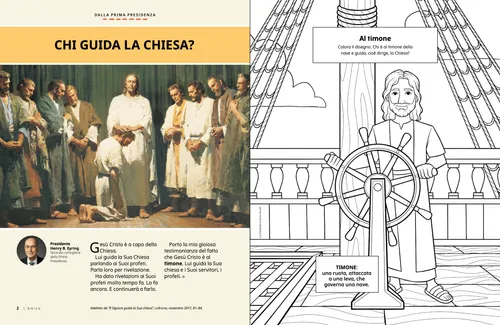 PDF della pagina con l’illustrazione di Gesù Cristo e dei Suoi apostoli; più un’attività di colorazione di Gesù in piedi al timone di una barca