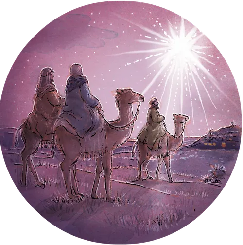 Three wise men ride on camels as they head toward Bethlehem. The star of Bethlehem goes before them.