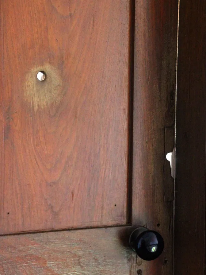 Close-up view of a wooden door. There are two holes in the door; one in the panel and one on the edge. 