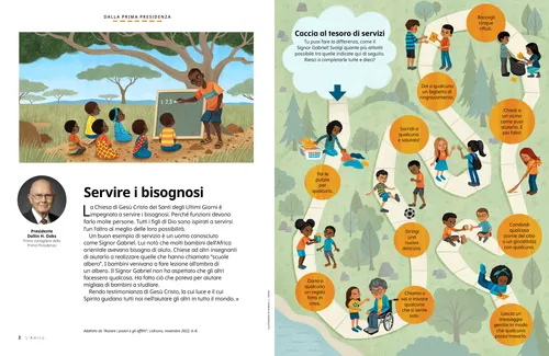 PDF della pagina con l’illustrazione di un uomo che insegna ai bambini sotto gli alberi in Africa orientale; più una caccia al tesoro di servizi