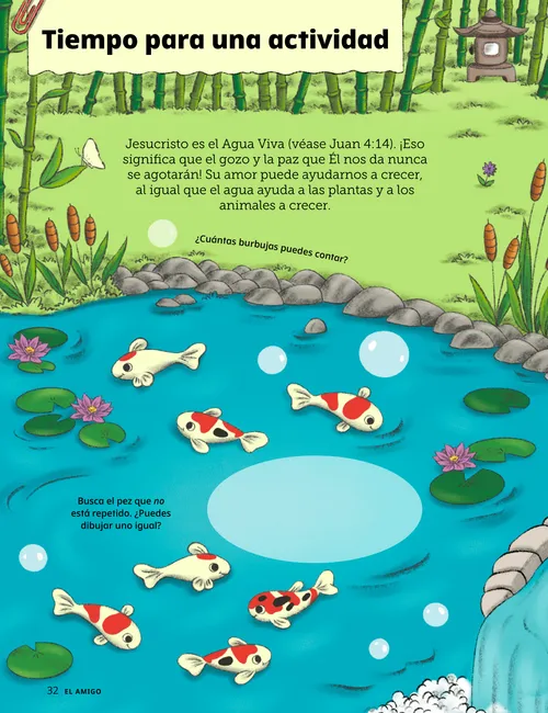 PDF de la página de actividades con ilustraciones de peces en un estanque, una rana, arroyos y nenúfares