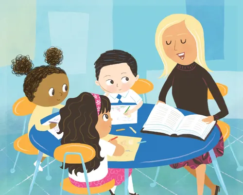 Children drawing together at temple while teacher reads to them