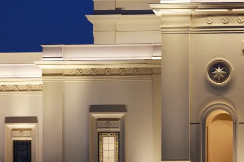 An exterior image of the Bentonville Arkansas Temple. Image features the architectural details of the stone work.