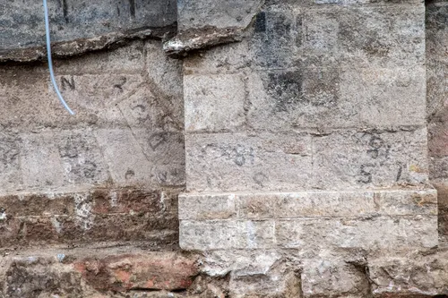 Images of the renovation during the Salt Lake Utah Temple renovation project. The images show some of the exterior damage from the earthquakes. 