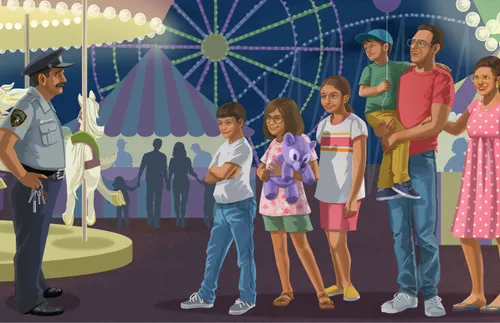 family talking to a police officer at a carnival