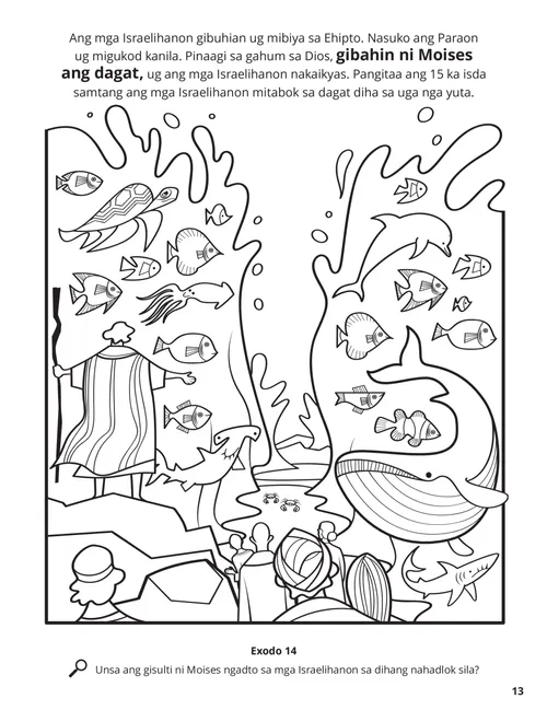 PDF nga Koloranan nga pahina sa pagbahin sa Pula nga Dagat nga adunay nagkadaiya nga isda nga makoloran