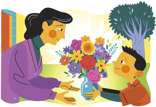 Boy giving flowers to woman