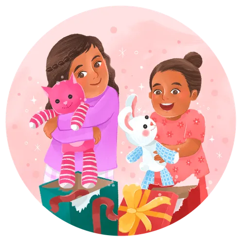 Panel 2 1 SPOT: Boy, Liam (Age 11) gets a hand-made teddy bear for his gift on Christmas morning. He’s not too happy about it. In the background we can see stockings hung by a fireplace and maybe a little bit of a tree poking in on the side.  2 SPOT: 2 of his younger sisters opening-up presents with their own home-made stuffed animals, not teddy bears. They should look happy and excited about their gifts. 3 SPOT: Mom sewing late at night, making the purple teddy bear. 4 SPOT: Boy in the first image hugging his mom, looking happy.