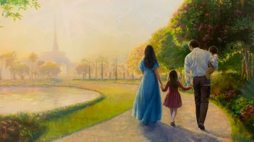 painting of a mother and father walking with their young children, with a temple in the background