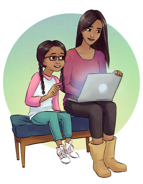 girl working on laptop with mom