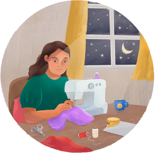 Panel 3 1 SPOT: Boy, Liam (Age 11) gets a hand-made teddy bear for his gift on Christmas morning. He’s not too happy about it. In the background we can see stockings hung by a fireplace and maybe a little bit of a tree poking in on the side.  2 SPOT: 2 of his younger sisters opening-up presents with their own home-made stuffed animals, not teddy bears. They should look happy and excited about their gifts. 3 SPOT: Mom sewing late at night, making the purple teddy bear. 4 SPOT: Boy in the first image hugging his mom, looking happy.