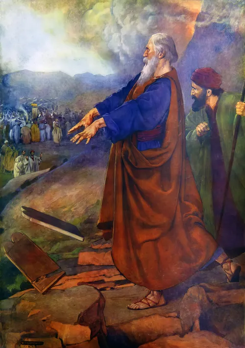 Moses throwing the tablets on the ground while the Israelites worship a golden calf